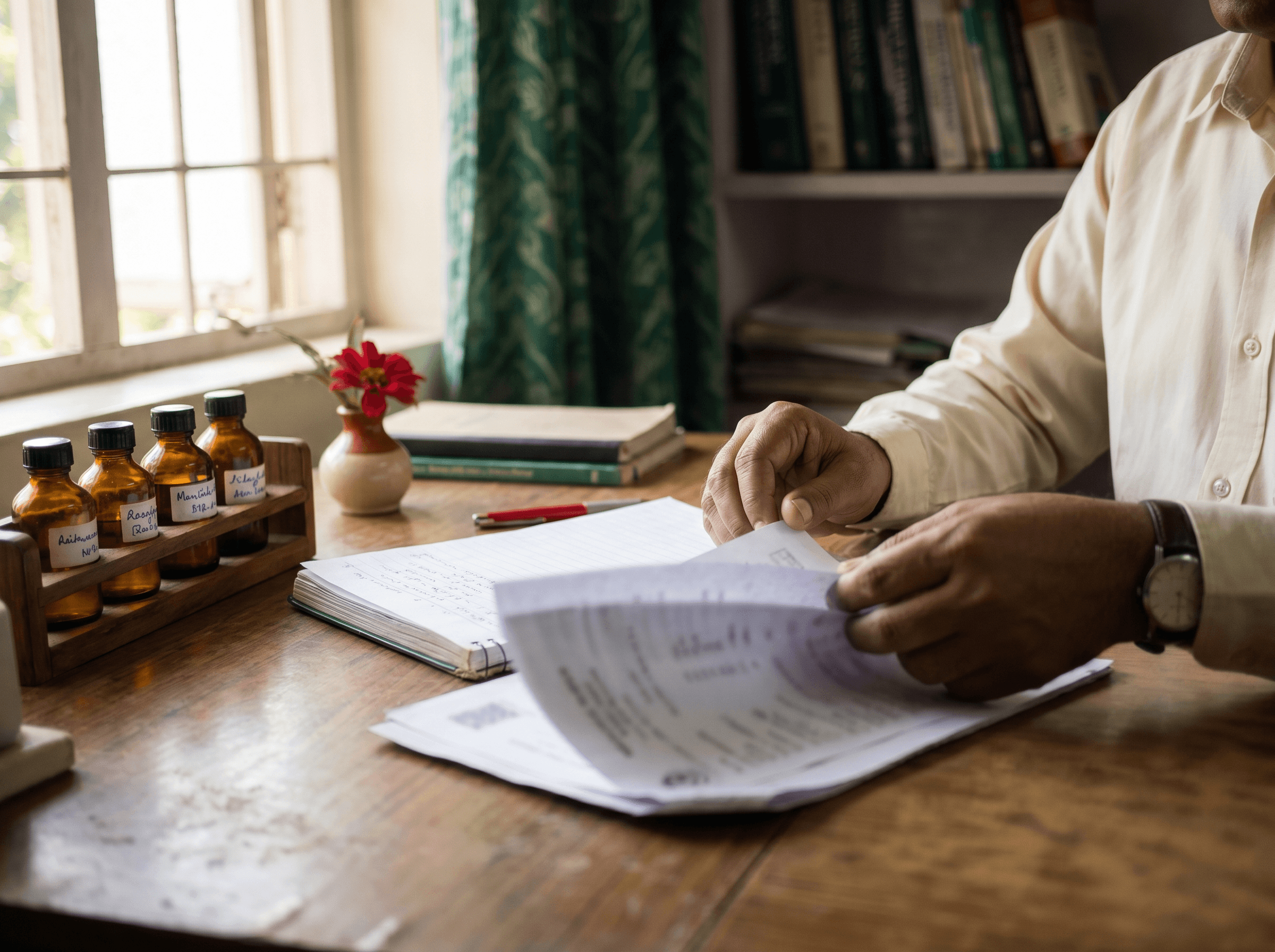 Doctor consultation desk with reports and remedies
